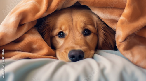 Obraz na płótnie dog, golden retriever under the blanket in bed w salonie