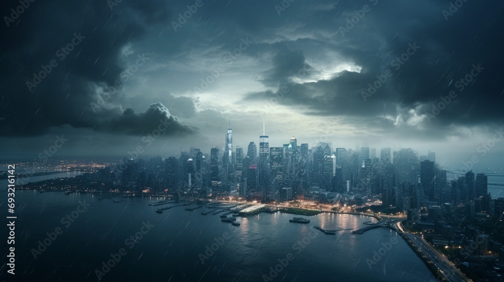 An HD image capturing a city landscape during a thunderstorm, beautifully transitioning from day to night, showcasing the city's transformation as the storm intensifies