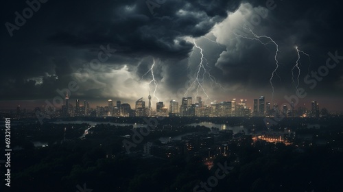 An HD image capturing a city landscape during a thunderstorm  beautifully transitioning from day to night  showcasing the city s transformation as the storm intensifies
