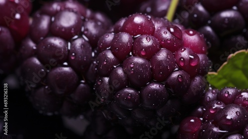  a close up of a bunch of grapes with drops of water on the top of the grapes and on the bottom of the grapes is a green leaf with water droplets.