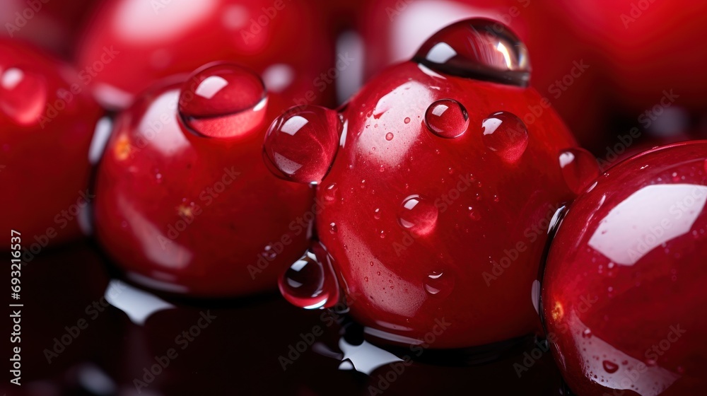  a close up of a group of red apples with drops of water on the top of the apples and on the bottom of the apples is a black surface with a white background.