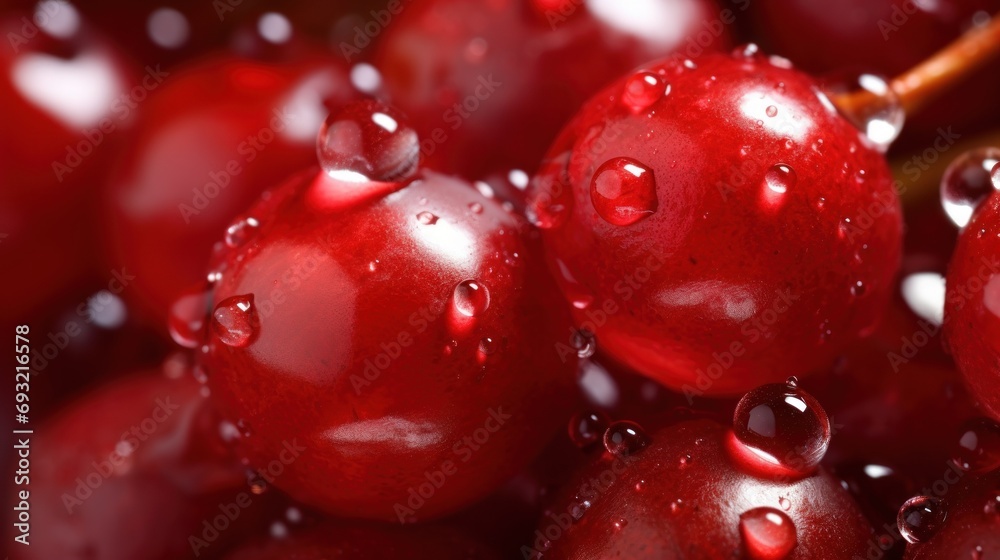 a close up of a bunch of red cherries with drops of water on the top of the cherries and the bottom of the cherries on the bottom of the cherries. a close up of a bunch of red cherries with drops of water on the top of the cherries and the bottom of the cherries on the bottom of the cherries.
