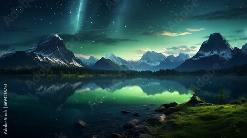 An HD image of a green mountain and its pristine lake, capturing the stunning transition from the vibrant day to the tranquil night, as nature's beauty takes on a different charm