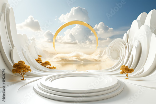 Elevated elegance, 3D illustration of a white podium adorned with three-dimensional figures, a modern and dynamic concept for stock illustrations. photo