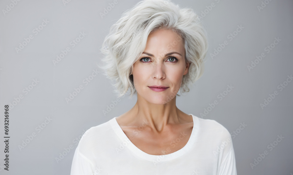Elegant senior woman with silver hair, maintaining a youthful and healthy appearance through self-care and wellness