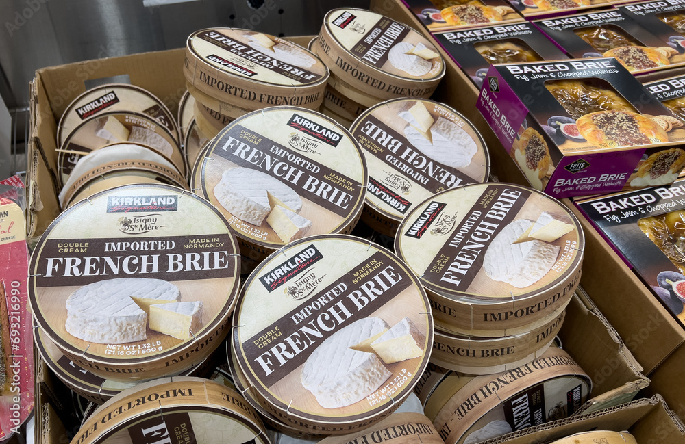 Kirkland brand French brie cheese for sale at a local Costco store