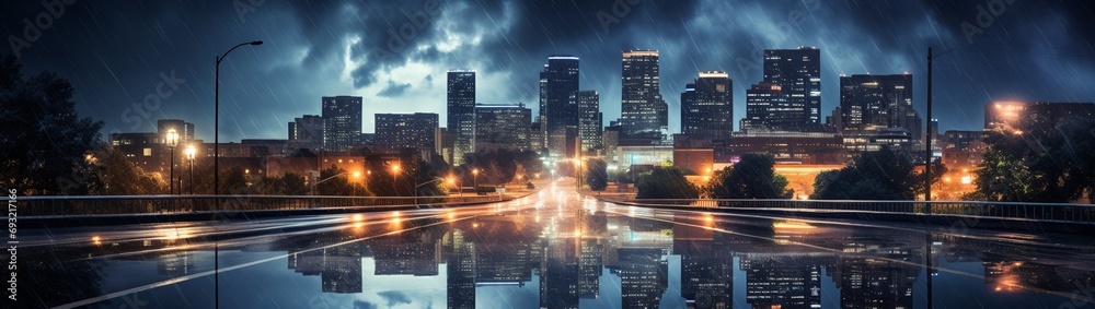 An HD photograph of a cityscape at night during a thunderstorm, with rain-soaked streets, the city lights reflected in puddles, and lightning illuminating the dark sky