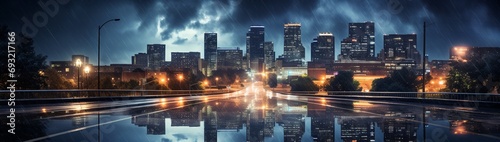 An HD photograph of a cityscape at night during a thunderstorm  with rain-soaked streets  the city lights reflected in puddles  and lightning illuminating the dark sky