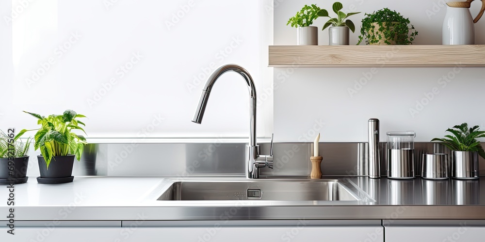 Obraz na płótnie Modern kitchen with stainless steel faucet, island sink, and wall-mounted kitchenware. w salonie