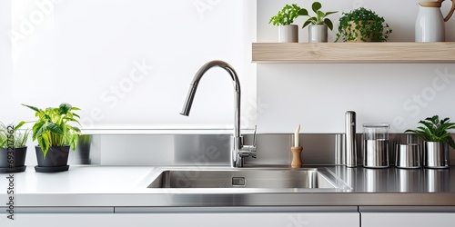 Modern kitchen with stainless steel faucet, island sink, and wall-mounted kitchenware. photo