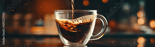 A cup of coffee being poured with a tea bag. Generative AI.