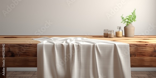 Kitchen mock-up featuring a modern tablecloth and an empty wooden log on a table for design and display purposes. photo