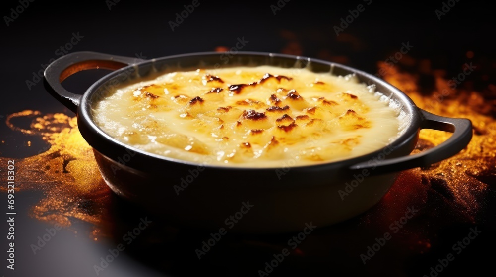 a close up of a casserole in a pan on a table with a fire in the background and a black table cloth on the floor with a black background. a close up of a casserole in a pan on a table with a fire in the background and a black table cloth on the floor with a black background.