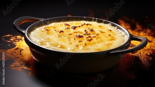 Wallpaper Mural  a close up of a casserole in a pan on a table with a fire in the background and a black table cloth on the floor with a black background. Torontodigital.ca