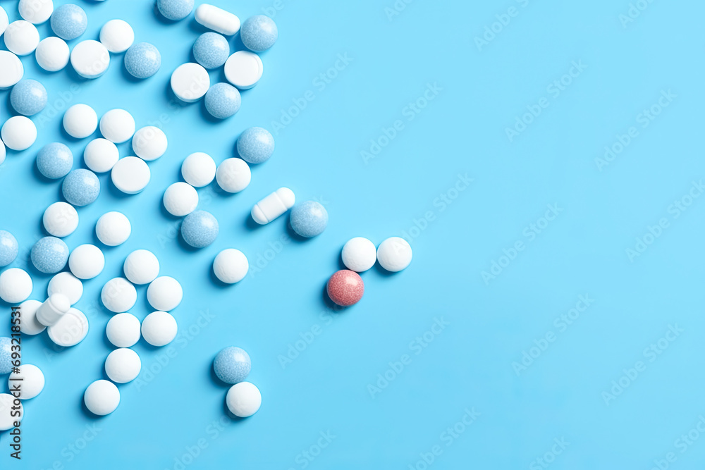 pills on a blue background, a unique and pure health concept in stock photos, seamlessly combining nature and healing.