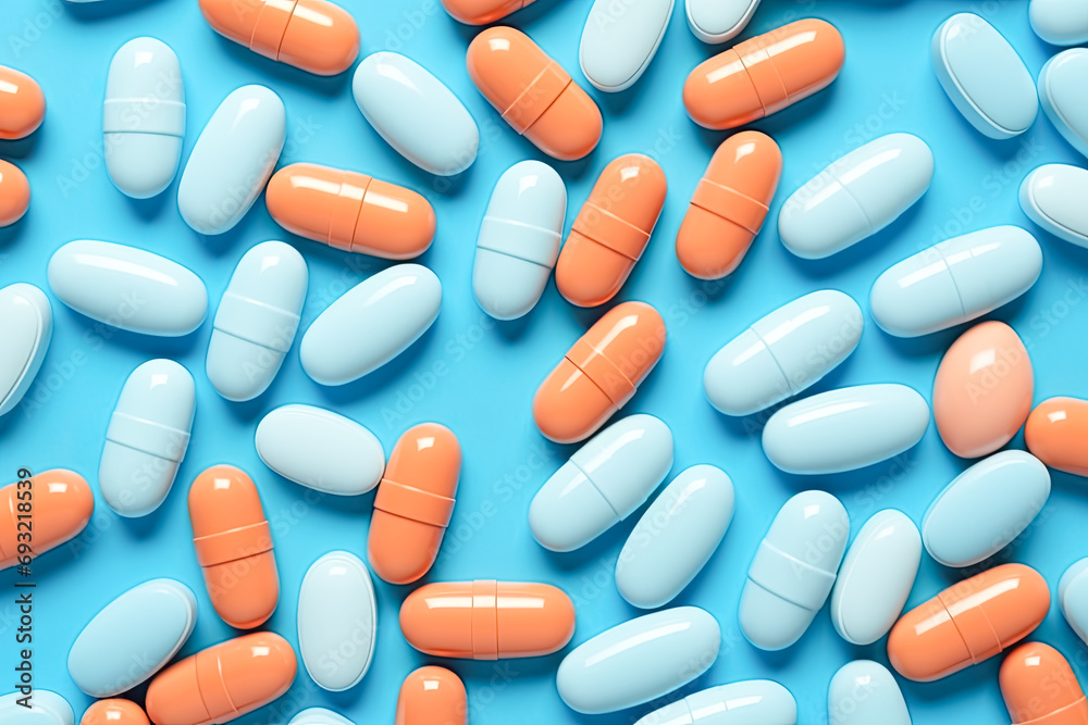 pills on a blue background, a unique and pure health concept in stock photos, seamlessly combining nature and healing. pills on a blue background, a unique and pure health concept in stock photos, seamlessly combining nature and healing.