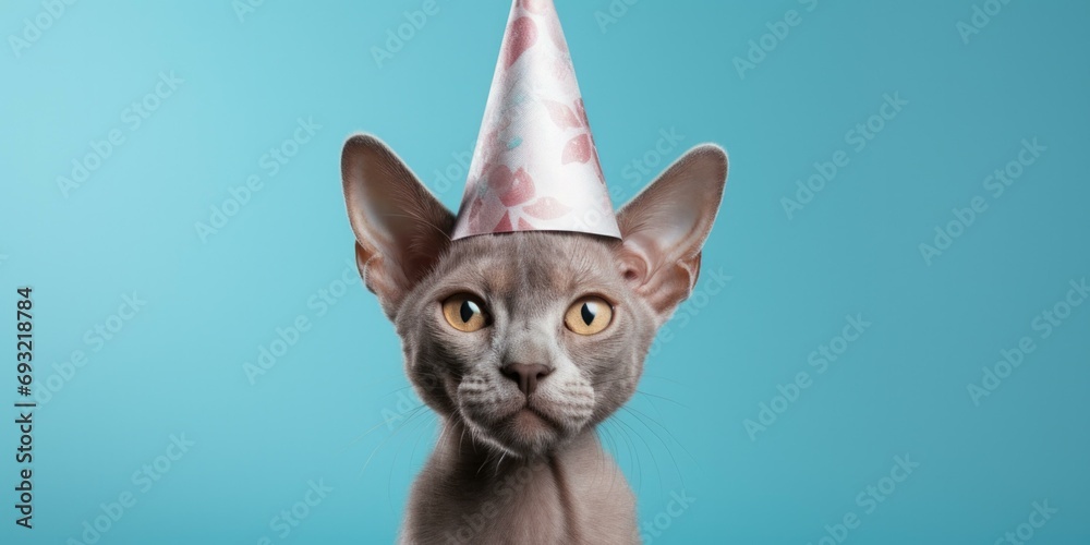 A cute cat wearing a party hat on a blue background. Generative AI.