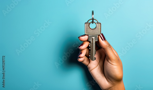 Key moments, Singular key on a captivating blue background, a symbolic and versatile concept for impactful stock photos.