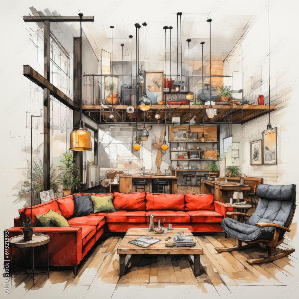 Watercolor charm Apartment design sketch in watercolor, a creative and artistic illustration capturing the essence of interior aesthetics