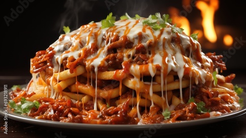  a close up of a plate of food with a lot of sauce on top of it with a fire in the back ground behind the plate and smoke coming from the top of the plate.