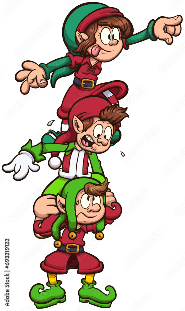 Cartoon Christmas Elves Lifting Each Other Up. Vector illustration with simple gradients.