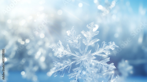 Fond et arrière-plan blanc avec flocon de neige en gros plan. Ambiance hivernale, fête de Noël, célébration. Pour conception et création graphique. © FlyStun