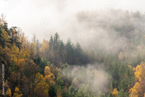 Picturesque mountain landscape in autumn. Blue sky, fog, yellow trees. Saxon Switzerland, Germany, near Dresden
