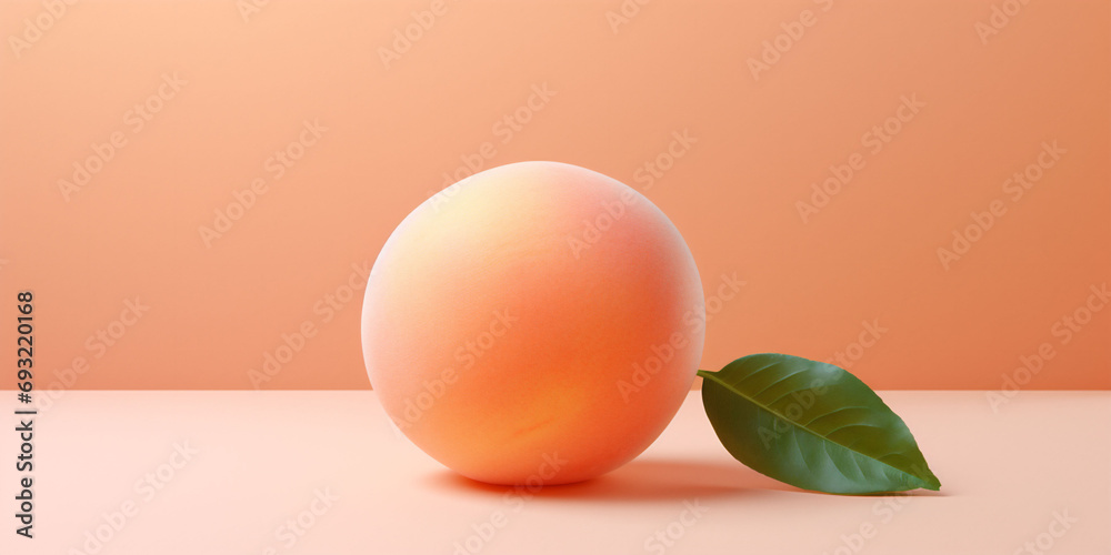 A banner with an orange isolated peach with a green leaf on a peach fuzz color background. Fruit Copy space A banner with an orange isolated peach with a green leaf on a peach fuzz color background. Fruit Copy space