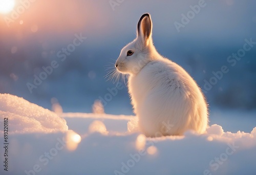 Artic hare or rabbit sitting in arctic sunset snow falling young Artic hare resting on an ice floe photo