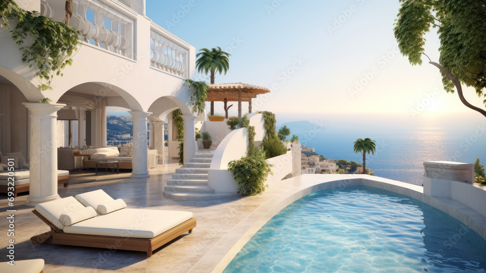 Luxury Mediterranean villa with pool overlooking sea in summer. Rich mansion with terrace, white house or resort hotel in Greek style. Concept of property, sunset, Greece and travel