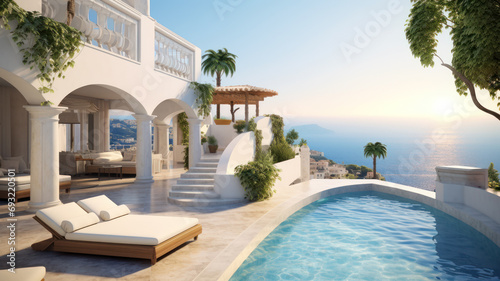 Luxury Mediterranean villa with pool overlooking sea in summer. Rich mansion with terrace, white house or resort hotel in Greek style. Concept of property, sunset, Greece and travel photo