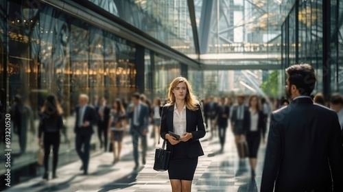 Young focused business lady in formal suit walking through modern office building full of people