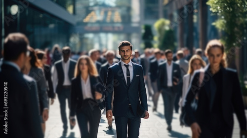 Business lifestyle, confident man in suit walking through busy people crowd at business district © Emiliia