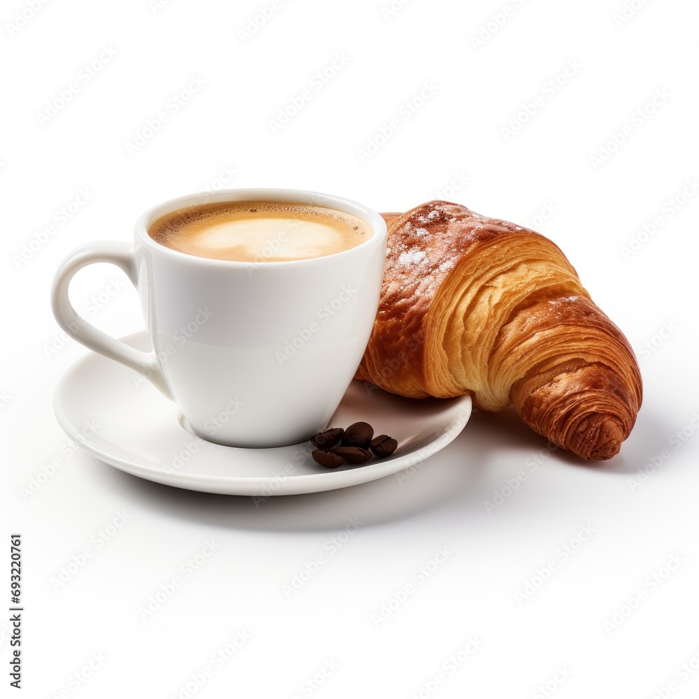 Cup of coffee with croissant isolated on white background Cup of coffee with croissant isolated on white background