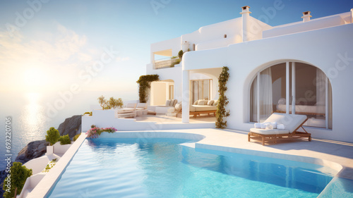 Mansion or villa with luxury pool overlooking sea at sunset. Resort hotel on mountain top, scenery of white house and terrace in Greek style. Concept of property, Greece, vacation