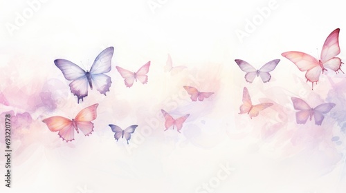  a group of pink butterflies flying in the air with watercolor paint splashing on the back of the image and the bottom half of the image in the bottom half of the frame.