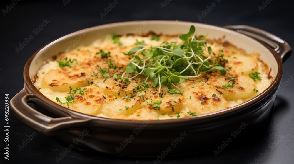  a dish of macaroni and cheese with a sprig of green garnish in a brown pan on a black counter top with a black surface.
