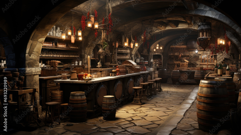 Restaurant or bar in old wine cellar with wooden barrels, vintage casks in dark storage of winery. Concept of vineyard, viticulture, production, winemaking, interior, wood, background
