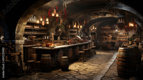 Restaurant or bar in old wine cellar with wooden barrels  vintage casks in dark storage of winery. Concept of vineyard  viticulture  production  winemaking  interior  wood  background