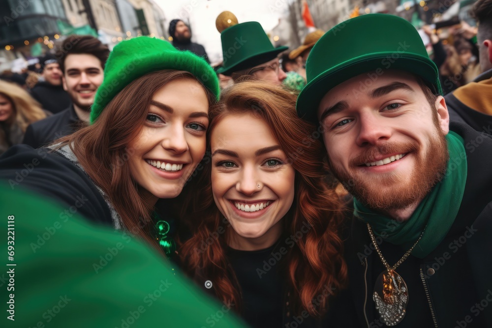Group of young people perform St. Patrick day. Youth celebrating Saint Patrick's day posing outside on street make selfie posing, Wear green clothes, laughing, going to pub drink beer Group of young people perform St. Patrick day. Youth celebrating Saint Patrick's day posing outside on street make selfie posing, Wear green clothes, laughing, going to pub drink beer