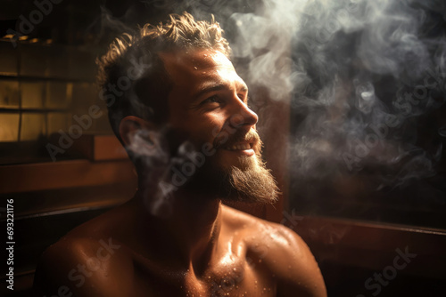Happy man sitting in bath and steaming, smile of satisfaction on his face photo