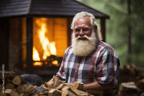 An elderly man by a pile of firewood