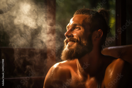 Steam in the bath, a man enjoys his vacation