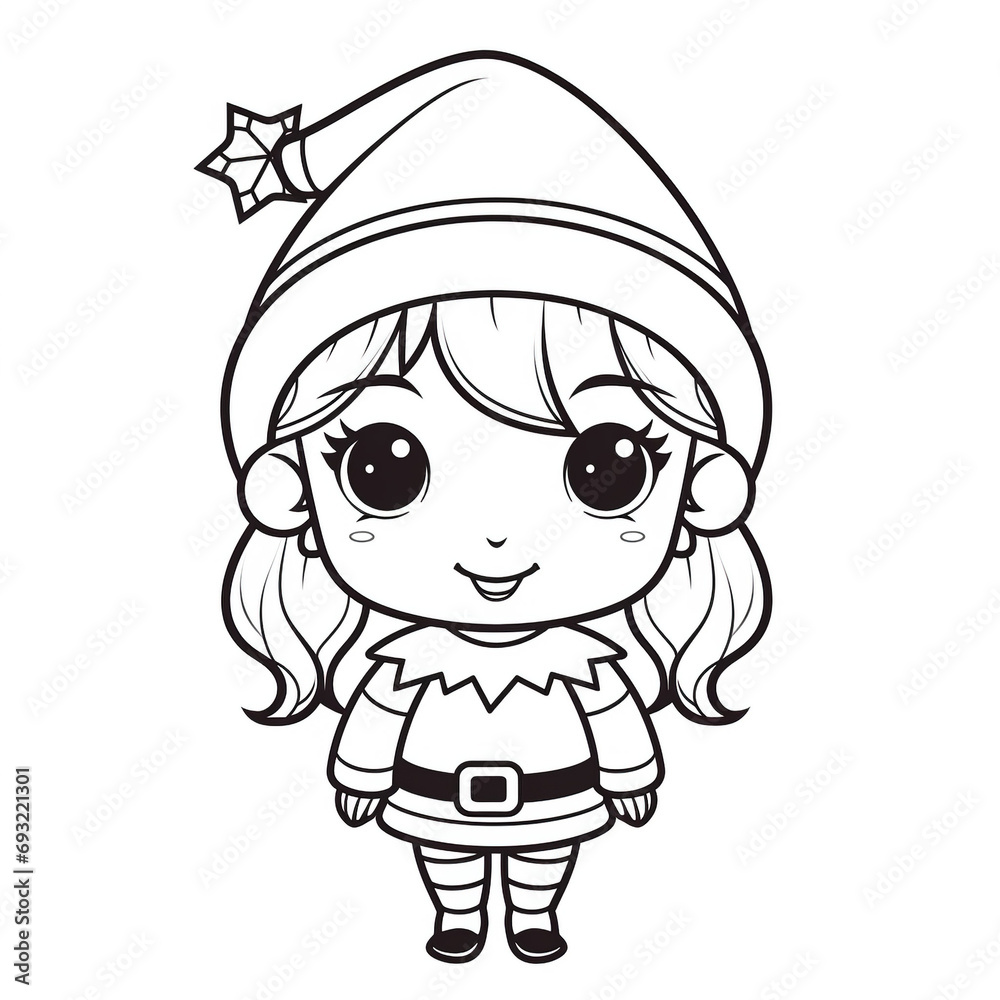Little Girl in a Christmas hat, coloring page for kids Little Girl in a Christmas hat, coloring page for kids