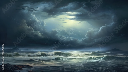  a painting of a large body of water under a cloudy sky with a full moon in the middle of the sky above the water is a large body of water.