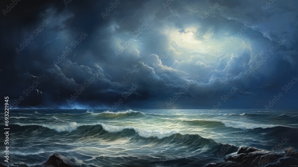  a painting of a storm in the ocean with a full moon in the sky above the ocean waves and birds flying in the sky above the water and on the water.