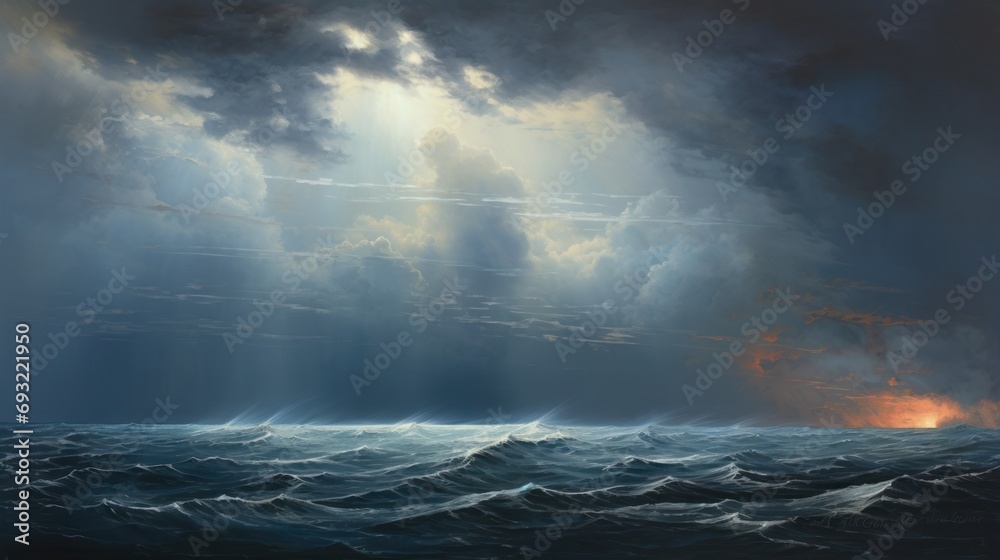  a painting of a large body of water with a boat in the middle of the ocean under a cloudy sky with sunbeams and rays coming through the clouds.