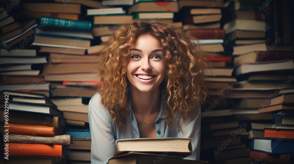 portrait of happy young woman surrounded by stack of books portrait of happy young woman surrounded by stack of books