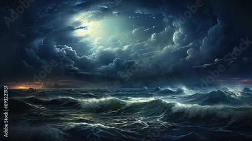  a painting of a storm in the ocean with a full moon in the sky above the ocean and a boat in the water below the clouds and a full moon in the sky above the water.