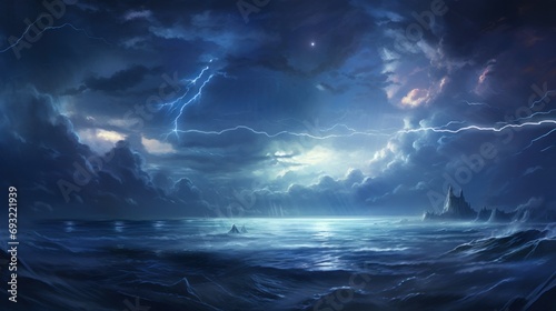  a painting of a stormy ocean with a castle in the middle of the water and lightning in the sky above the water, with a boat in the foreground.